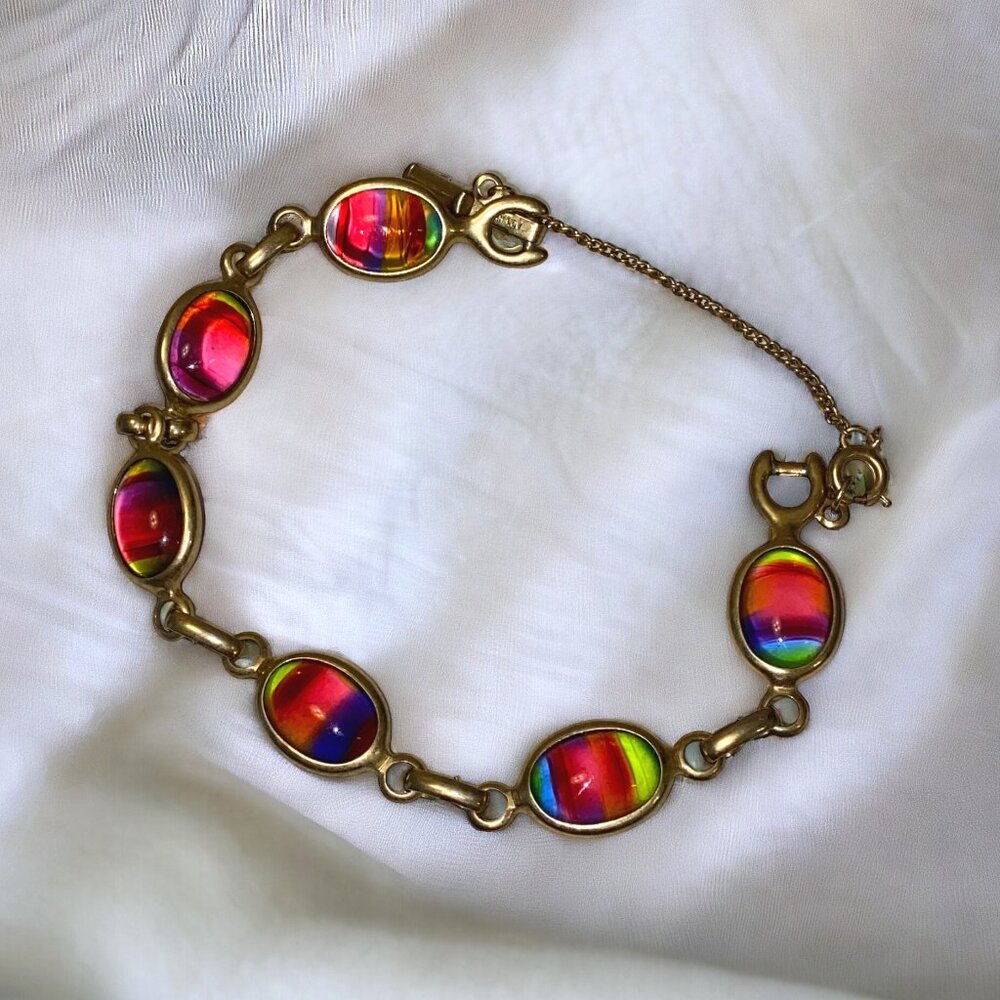 Vintage Sarah Coventry Harmony Rainbow Bracelet Safety Chain Cabochon Stones